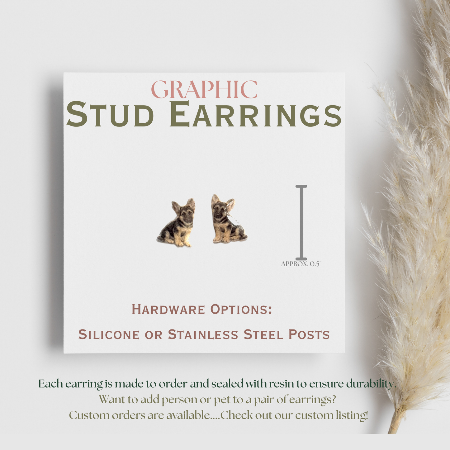 German Shepherd Puppy Stud Earrings, German Shepherd Dog Earrings, GSD Jewelry, Dog Lover Gift, Cute Graphic Stud Earrings
