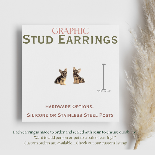 German Shepherd Puppy Stud Earrings, German Shepherd Dog Earrings, GSD Jewelry, Dog Lover Gift, Cute Graphic Stud Earrings