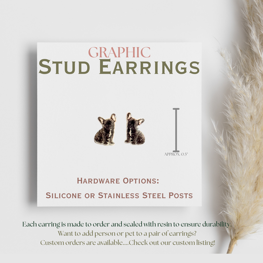 Brindle French Bulldog Stud Earrings, Frenchie Dog Earrings, French Bulldog Gift, Dog Lover Jewelry, Cute Puppy Graphic Stud Earrings