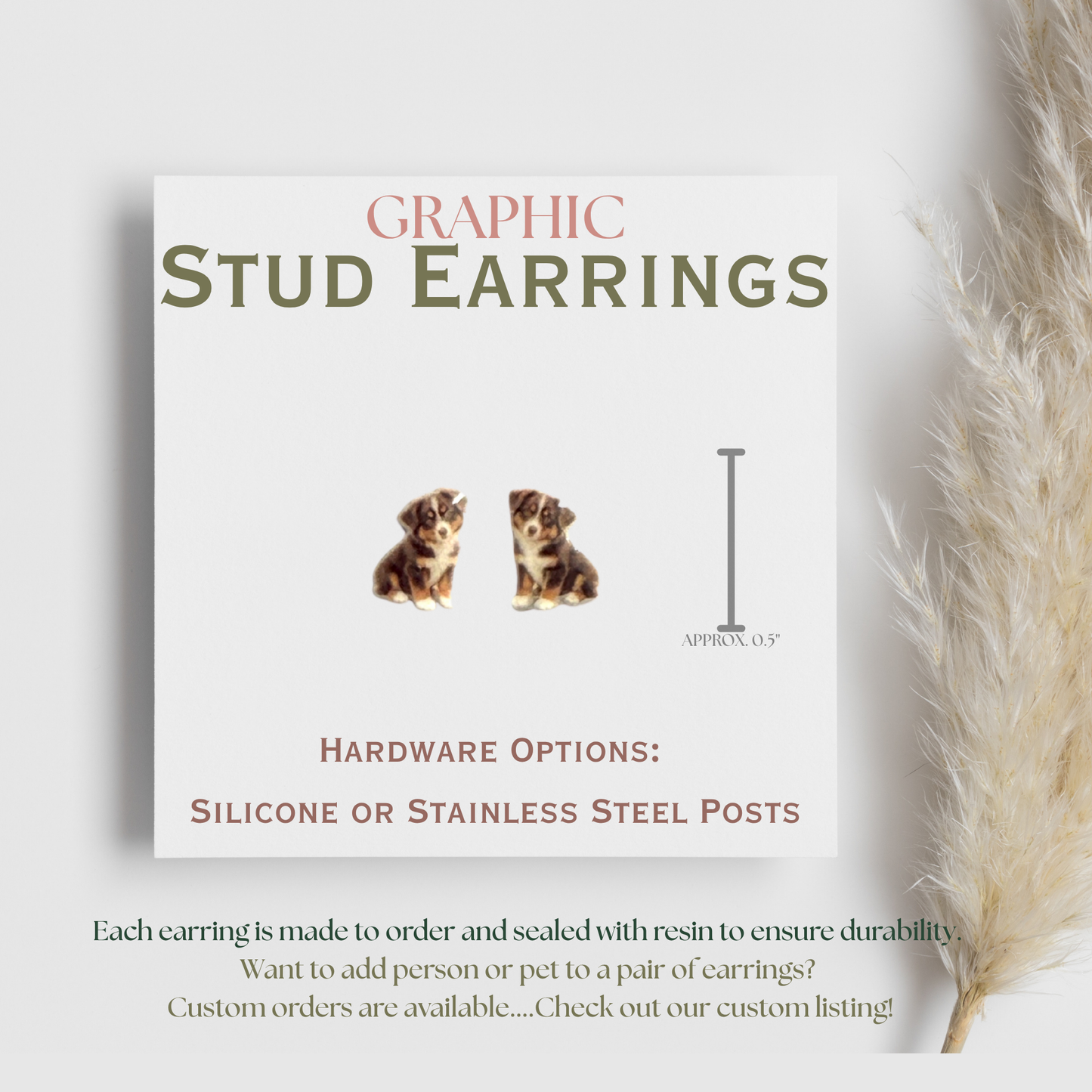 Australian Shepherd Puppy Stud Earrings, Aussie Dog Earrings, Blue Merle Dog Lover Gift, Cute Puppy Graphic Stud Earrings