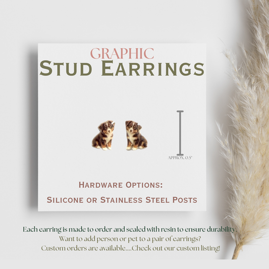 Australian Shepherd Puppy Stud Earrings, Aussie Dog Earrings, Blue Merle Dog Lover Gift, Cute Puppy Graphic Stud Earrings
