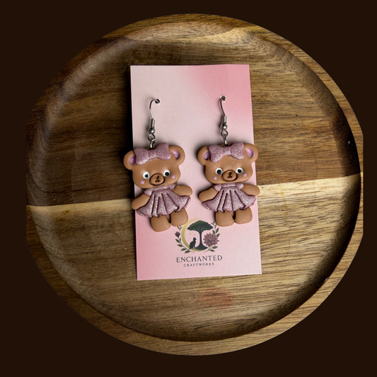 Teddy Bear Polymer Clay Dangle Earrings