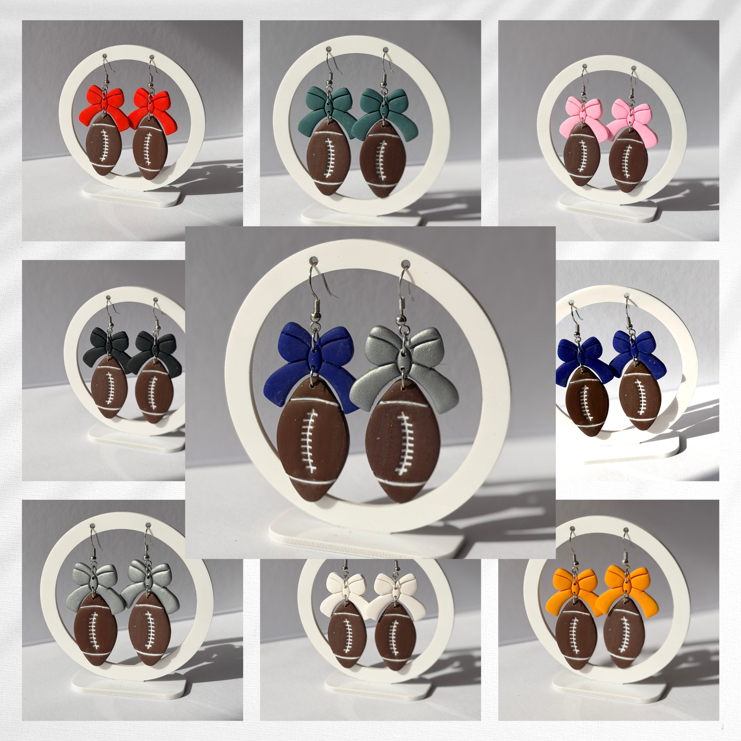 Football Bow Hoop Earrings, Team Colors, Polymer Clay Game Day Jewelry, Football Mom Gift