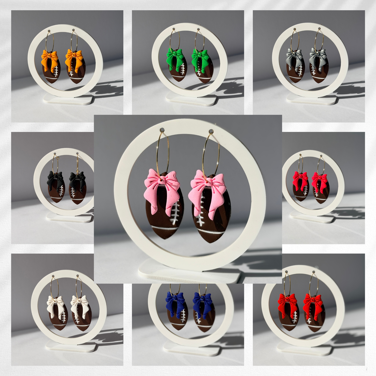 Football Bow Hoop Earrings, Team Colors, Polymer Clay Game Day Jewelry, Football Mom Gift
