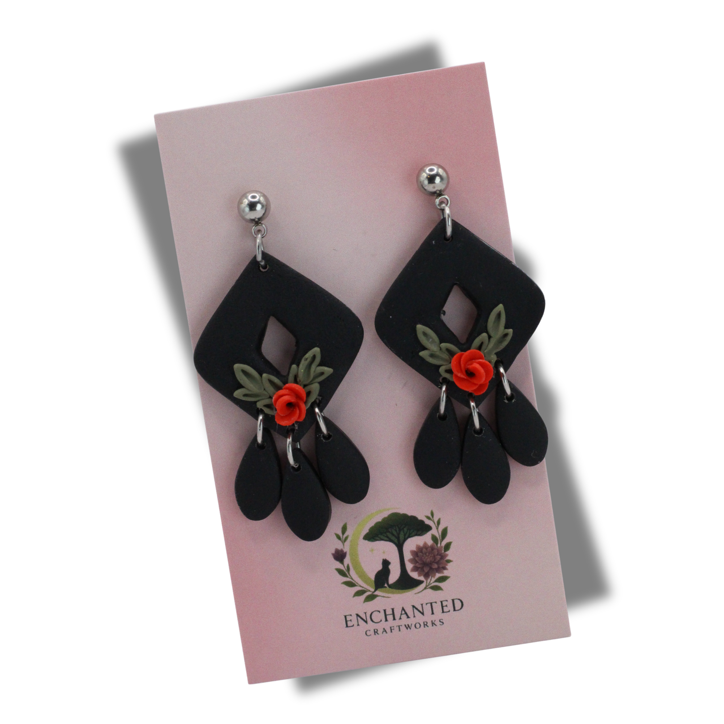 Enchanted Midnight Rose Dangle Polymer Clay Earrings