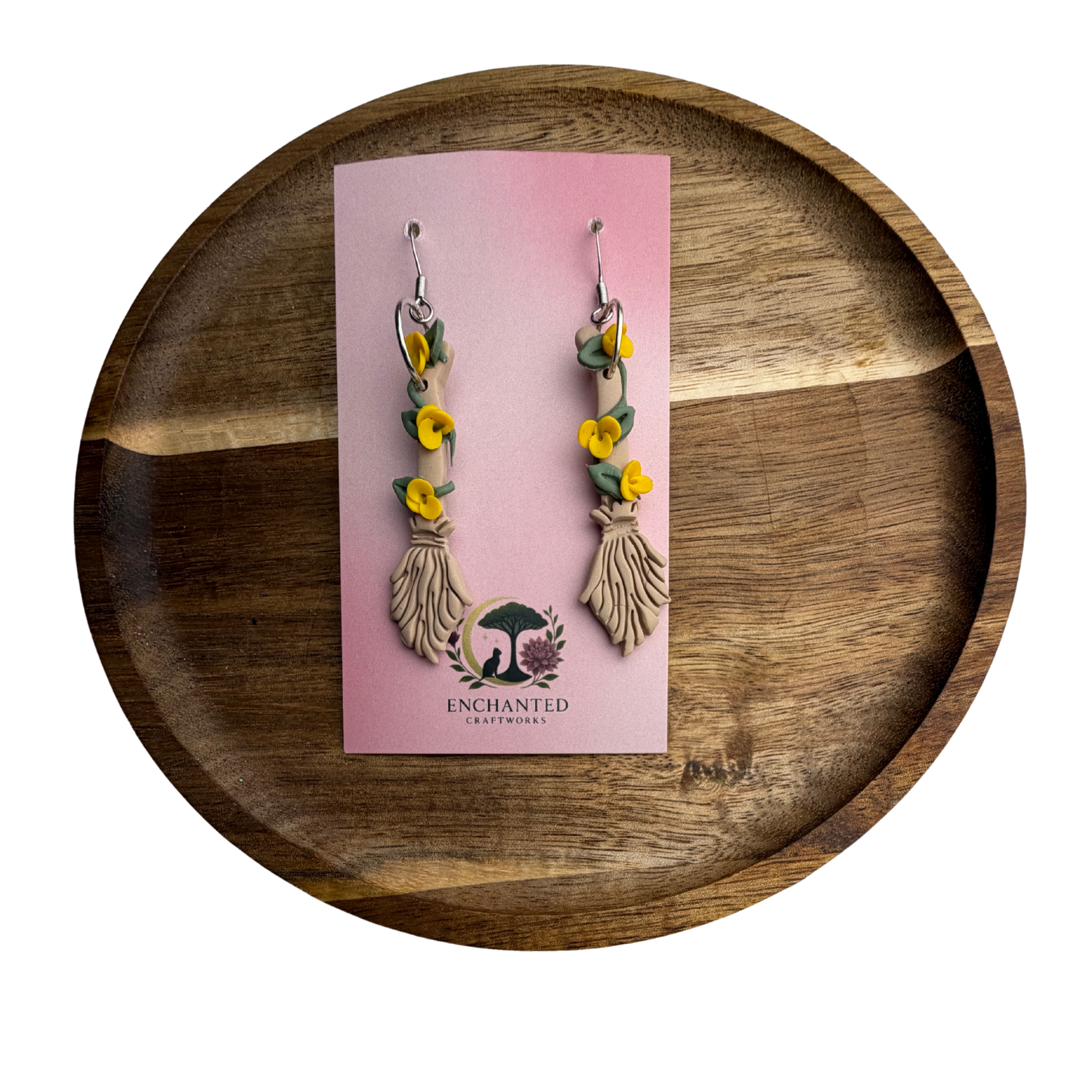 Enchanted Floral Broom Earrings – Whimsical Polymer Clay Jewelry