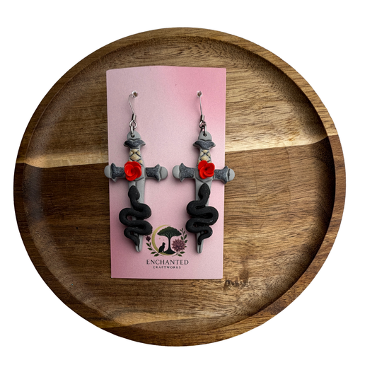 Sword & Serpent Rose Earrings – Dark Fantasy Polymer Clay Jewelry