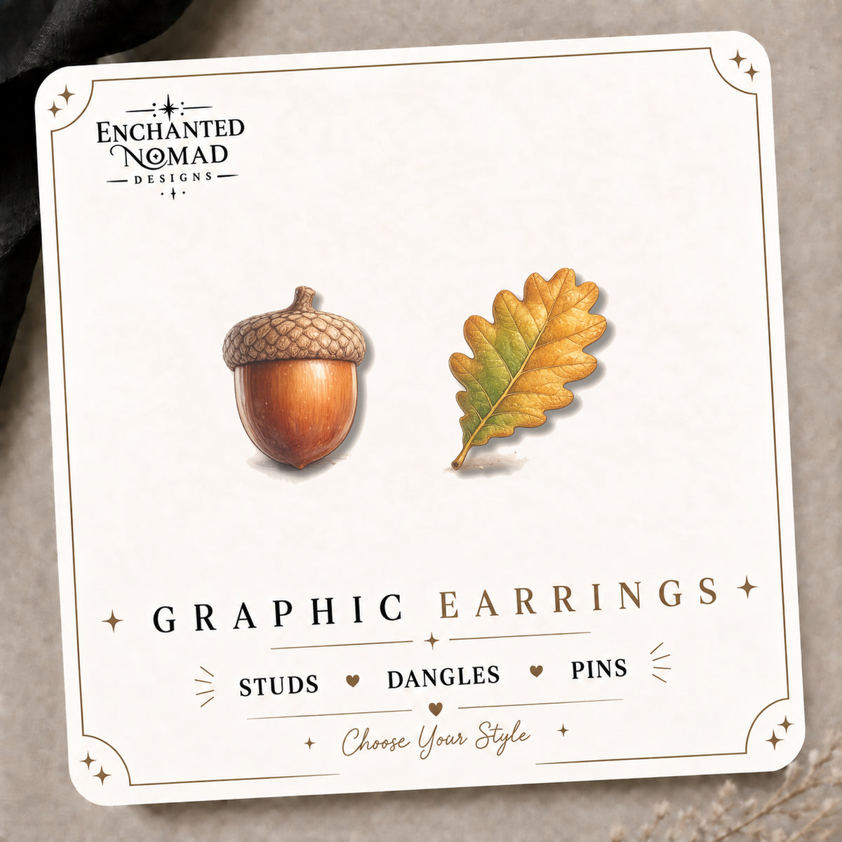 Acorn & Oak Leaf Mix & Match Stud Earrings on the tilted Enchanted Nomad Designs card