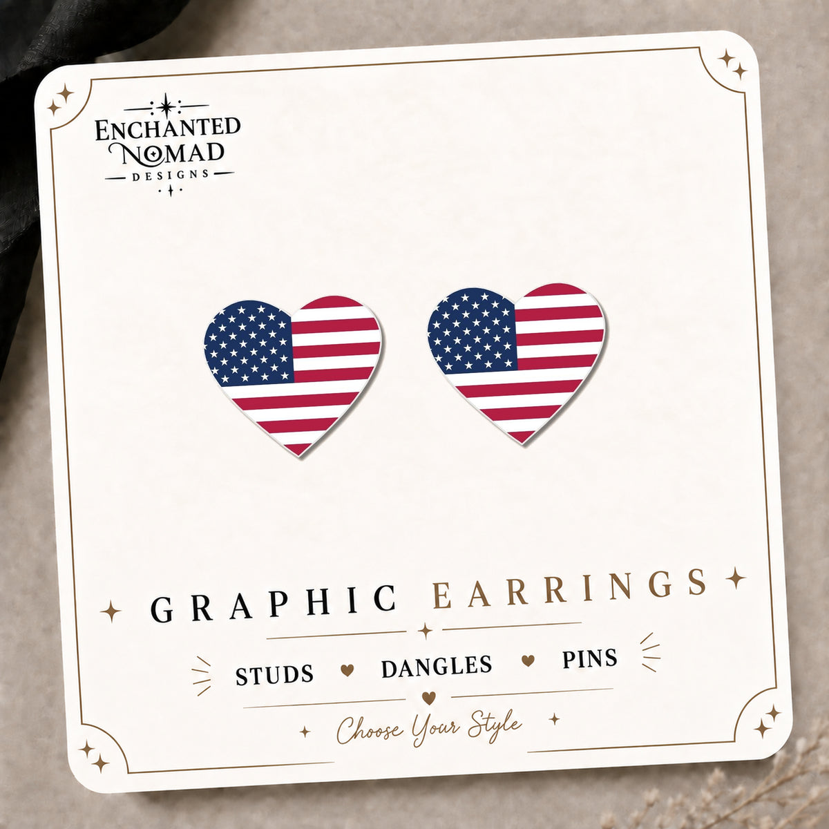 American Flag Heart Stud Earrings on the tilted Enchanted Nomad Designs card
