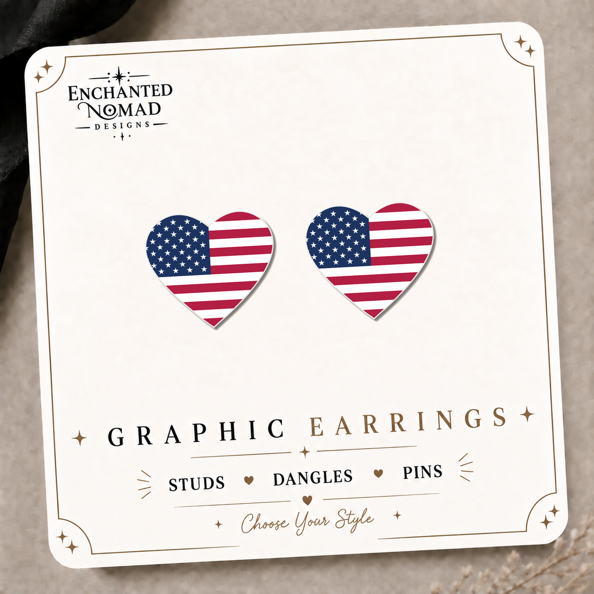 American Flag Heart Stud Earrings on the tilted Enchanted Nomad Designs card