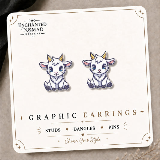 Baby Goat Stud Earrings on the tilted Enchanted Nomad Designs card