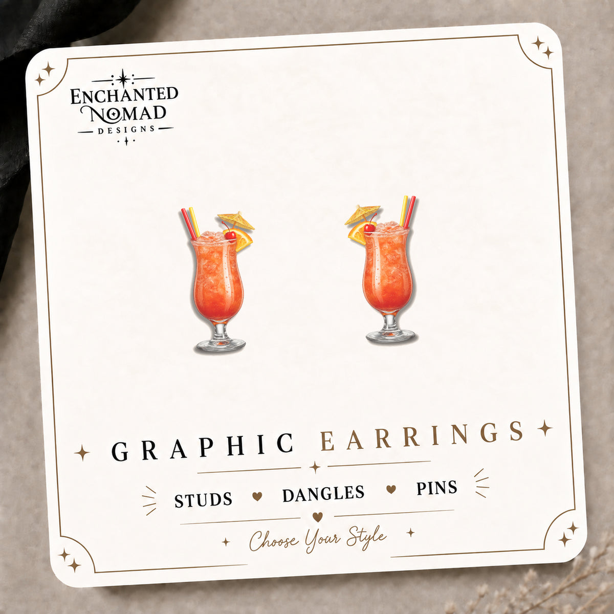 Bahama Mama Cocktail Stud Earrings on the tilted Enchanted Nomad Designs card