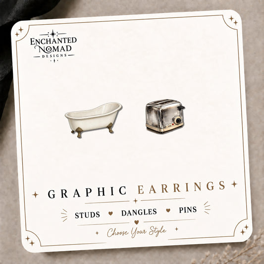 Bathtub & Toaster Earrings on the tilted Enchanted Nomad Designs card