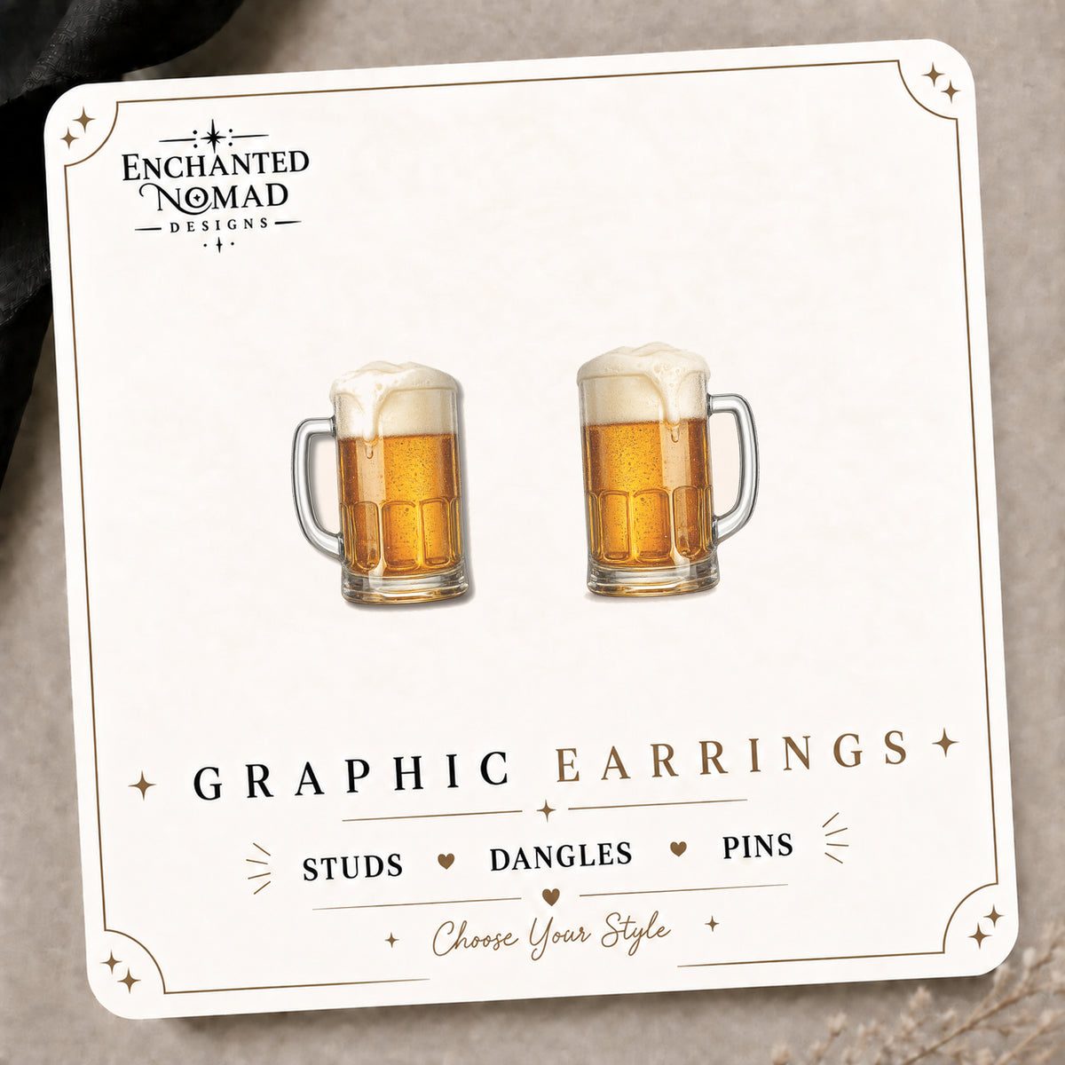 Beer Mug Stud Earrings on the tilted Enchanted Nomad Designs card