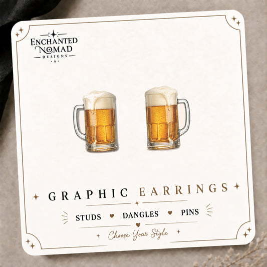 Beer Mug Stud Earrings on the tilted Enchanted Nomad Designs card