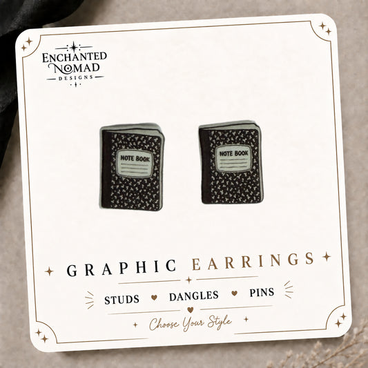 Black Composition Notebook Stud Earrings on the tilted Enchanted Nomad Designs card