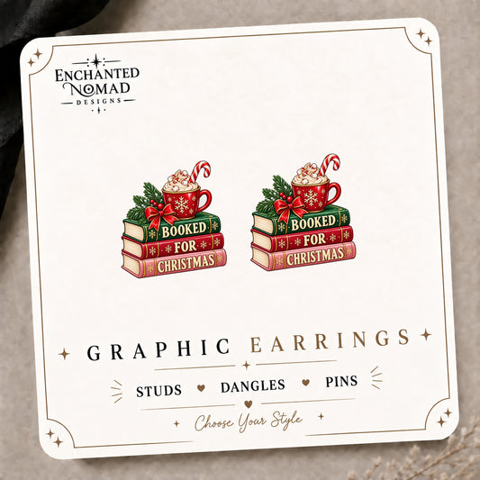 Booked for Christmas Stud Earrings on the tilted Enchanted Nomad Designs card