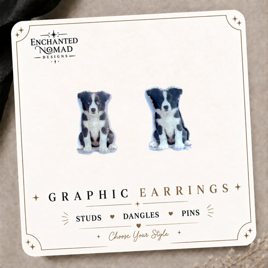 Border Collie Stud Earrings on the tilted Enchanted Nomad Designs card
