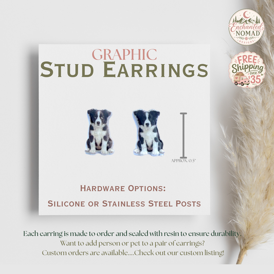 Border Collie Stud Earrings, Black & White Dog Earrings, Border Collie Gift, Pet Lover Jewelry, Custom Dog Earrings, Cute Puppy Studs