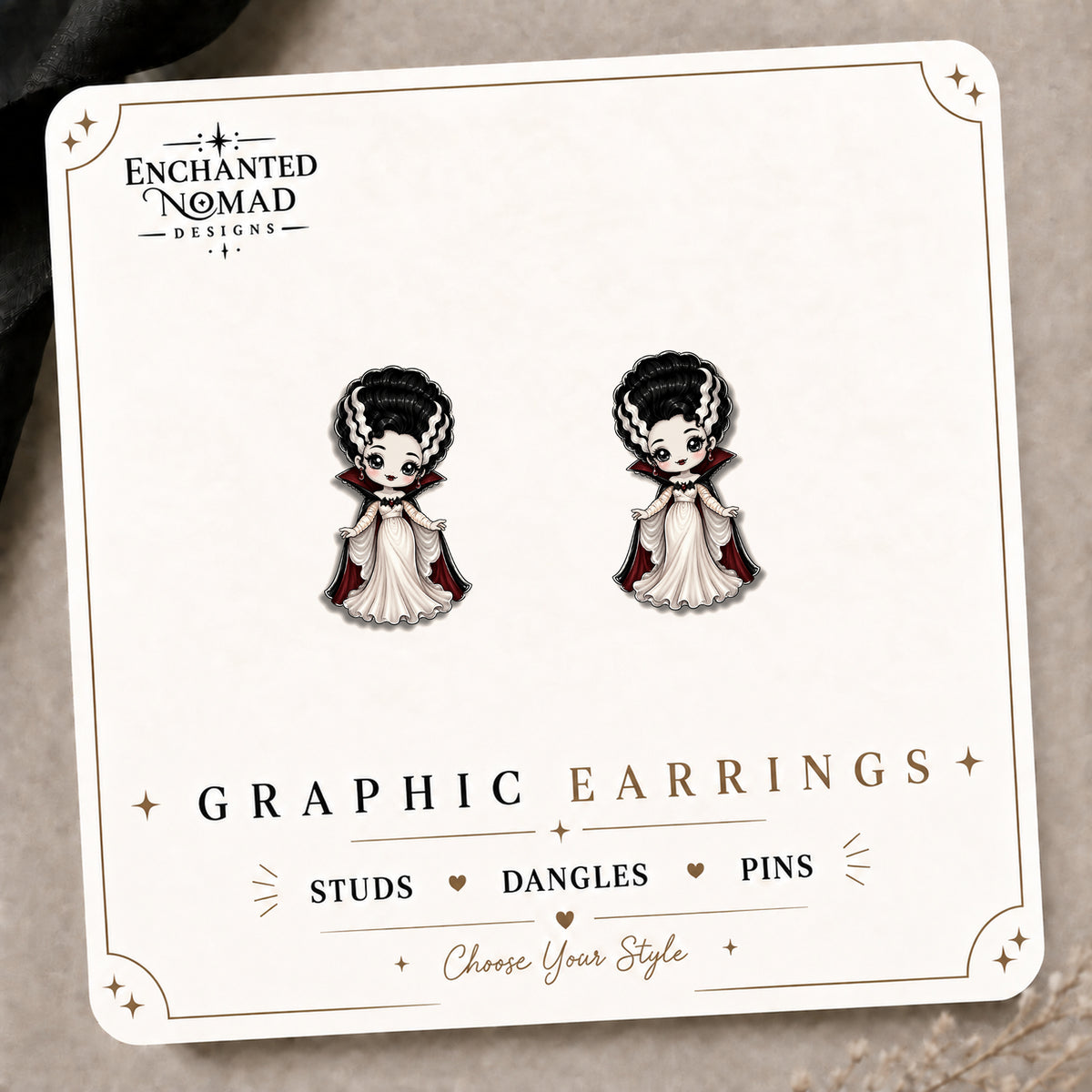 Bride of Frankenstein Stud Earrings on the tilted Enchanted Nomad Designs card