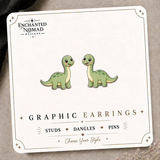 Brontosaurus Stud Earrings on the tilted Enchanted Nomad Designs card