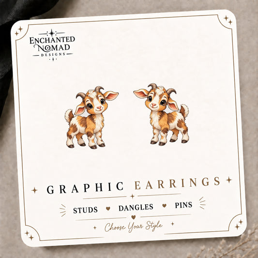 Brown Farm Goat Stud Earrings on the tilted Enchanted Nomad Designs card