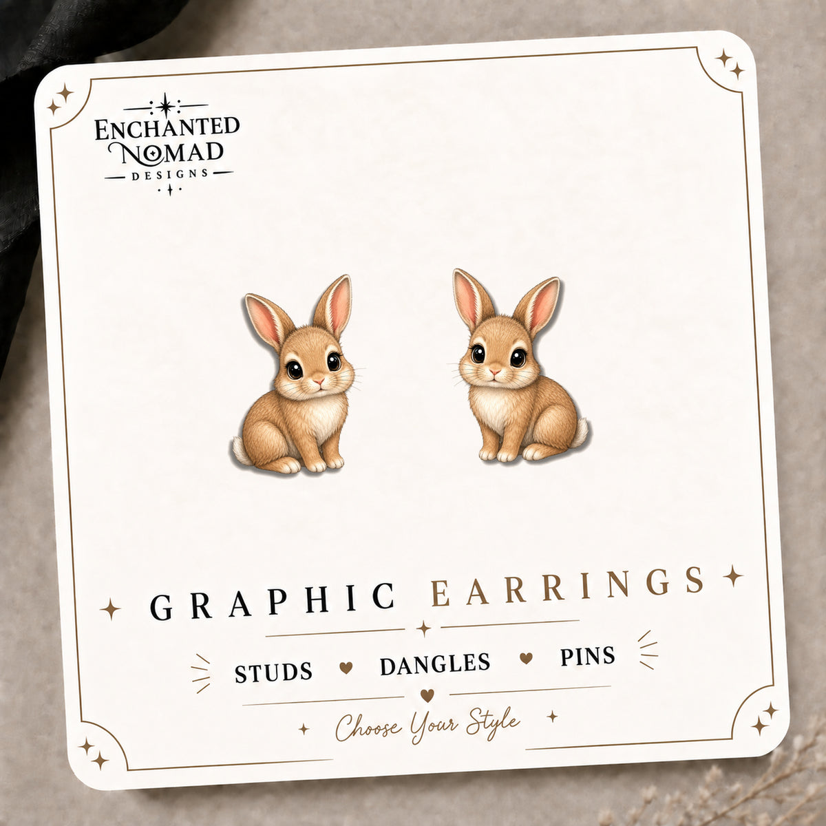 Bunny Stud Earrings on the tilted Enchanted Nomad Designs card