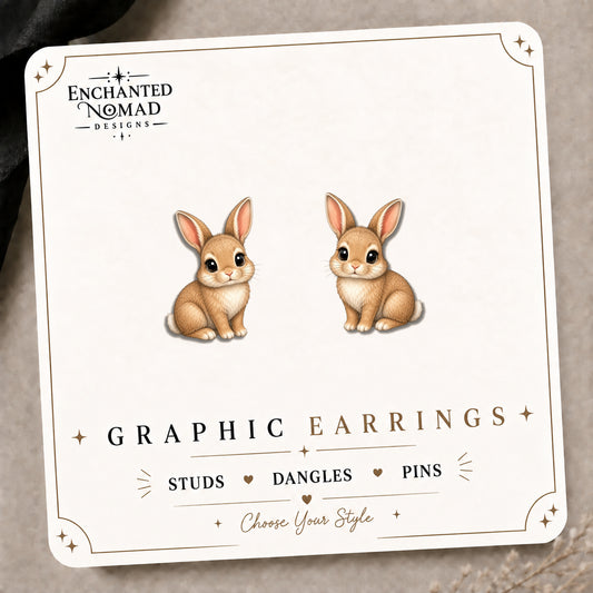 Bunny Stud Earrings on the tilted Enchanted Nomad Designs card