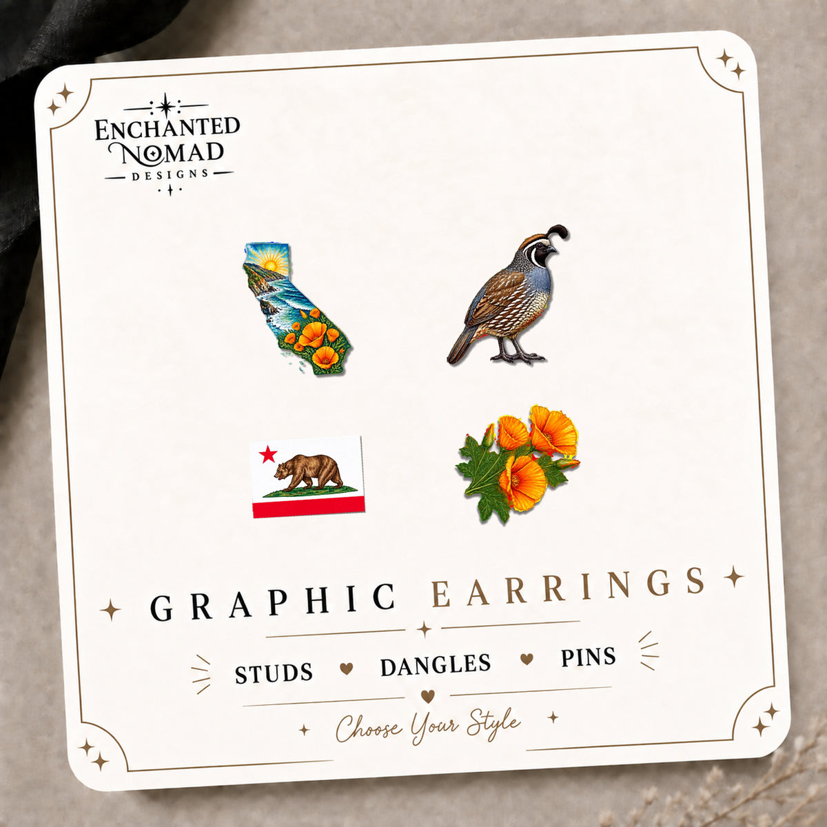 California Mix & Match Stud Earrings on the tilted Enchanted Nomad Designs card