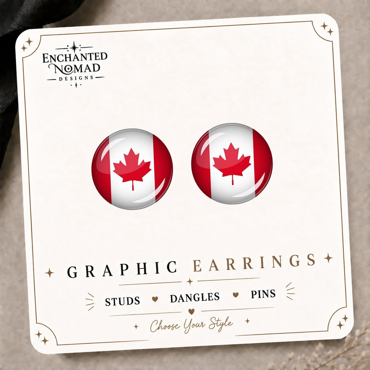 Canada Flag Earrings on the tilted Enchanted Nomad Designs card