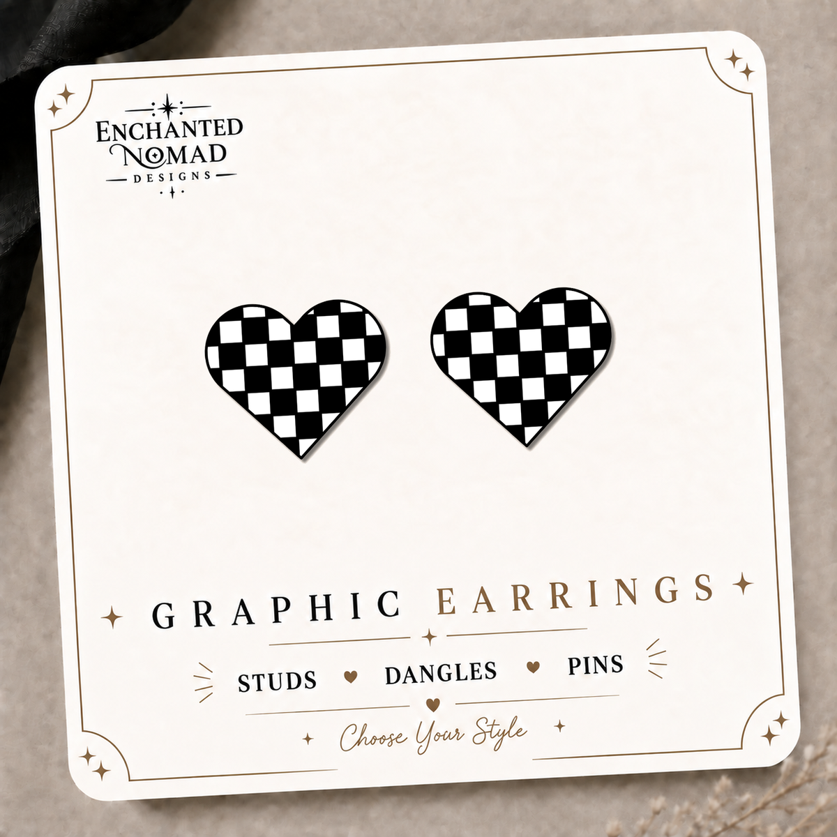 Checkerboard Heart Stud Earrings on the tilted Enchanted Nomad Designs card