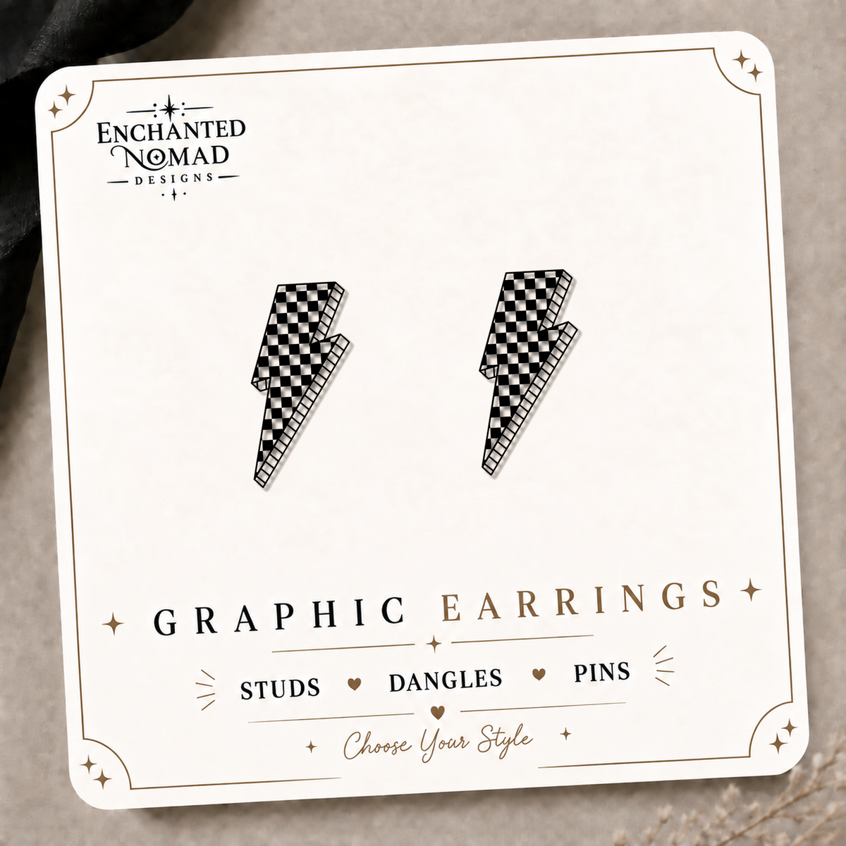 Checkered Lightning Bolt Stud Earrings on the tilted Enchanted Nomad Designs card