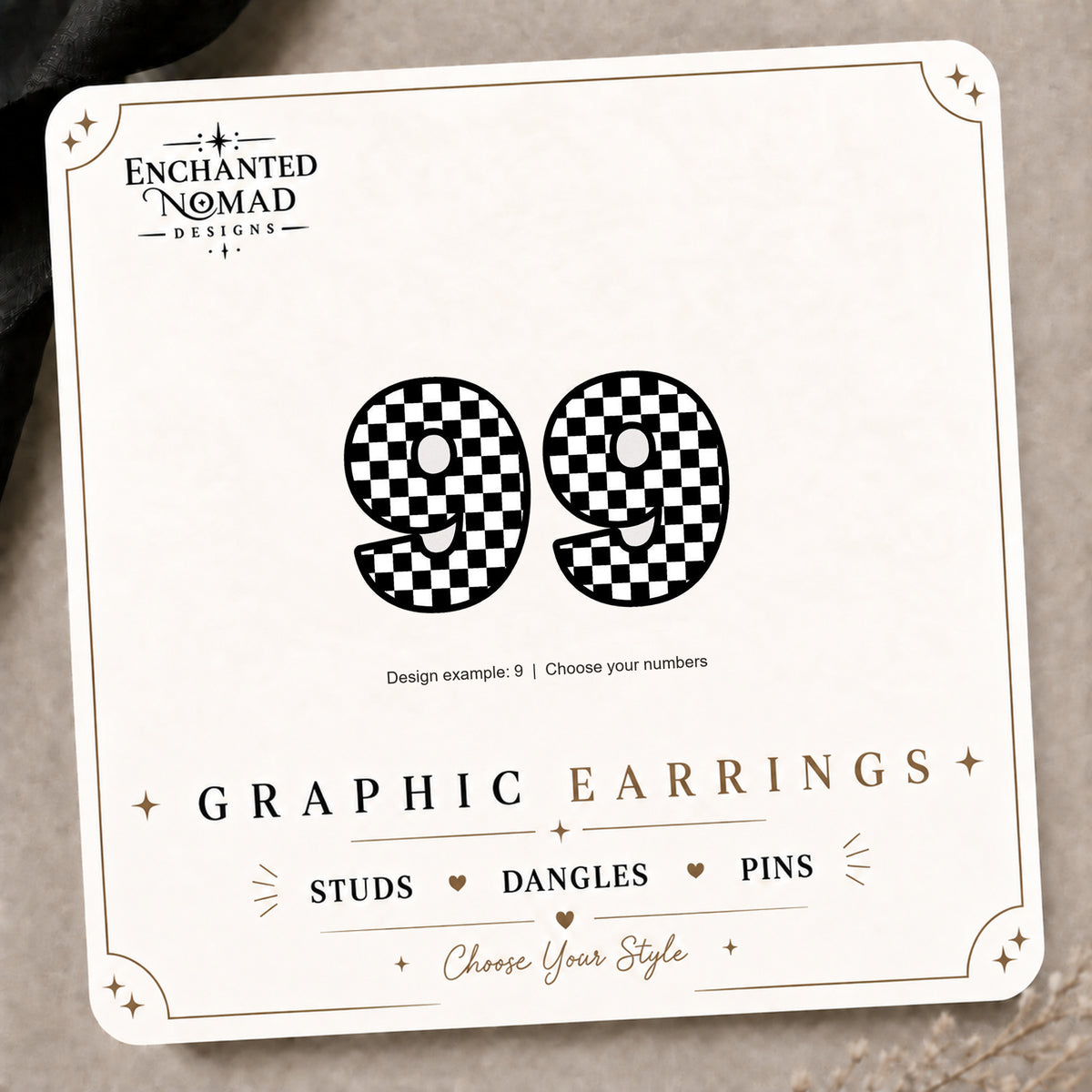 Checkered Number Stud Earrings on the tilted Enchanted Nomad Designs card