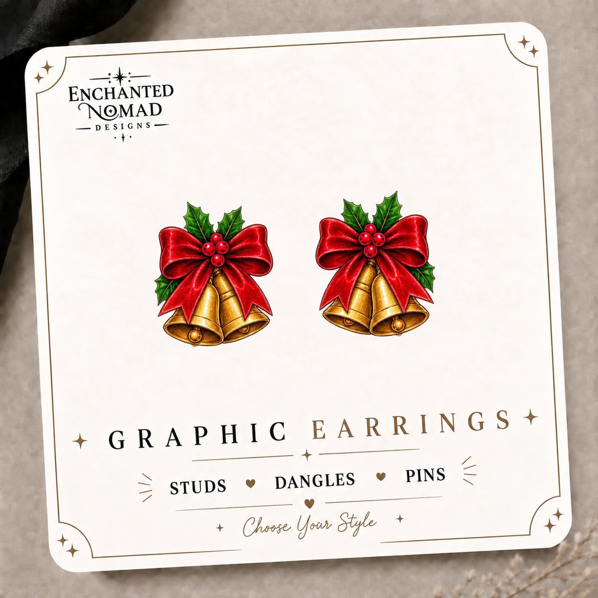 Christmas Bells Stud Earrings on the tilted Enchanted Nomad Designs card