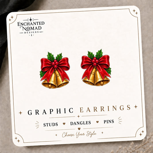 Christmas Bells Stud Earrings on the tilted Enchanted Nomad Designs card