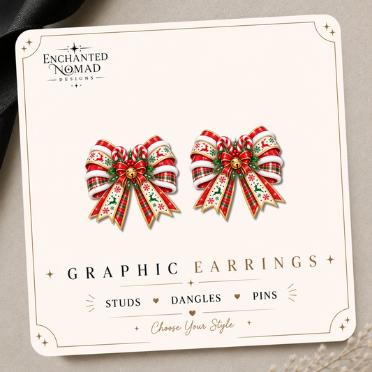 Red and green Christmas bow graphic earrings with candy canes, holly, reindeer ribbon and a gold bell on an Enchanted Nomad Designs display card.
