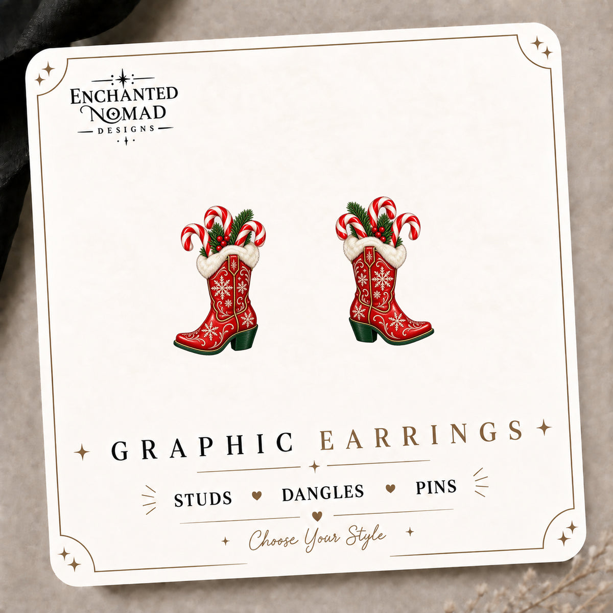 Christmas Cowboy Boot Stud Earrings on the tilted Enchanted Nomad Designs card