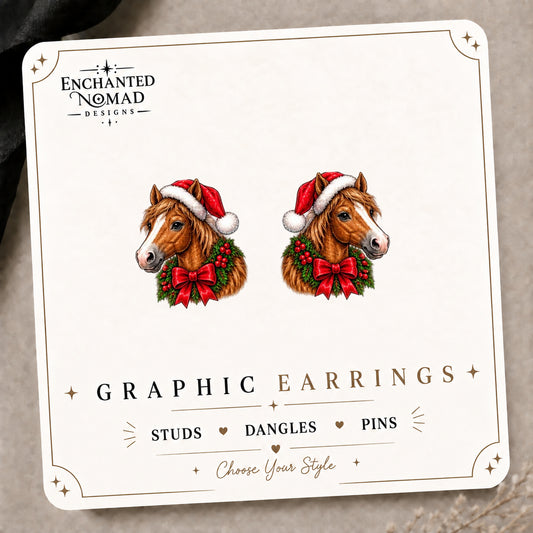 Christmas Horse Stud Earrings on the tilted Enchanted Nomad Designs card