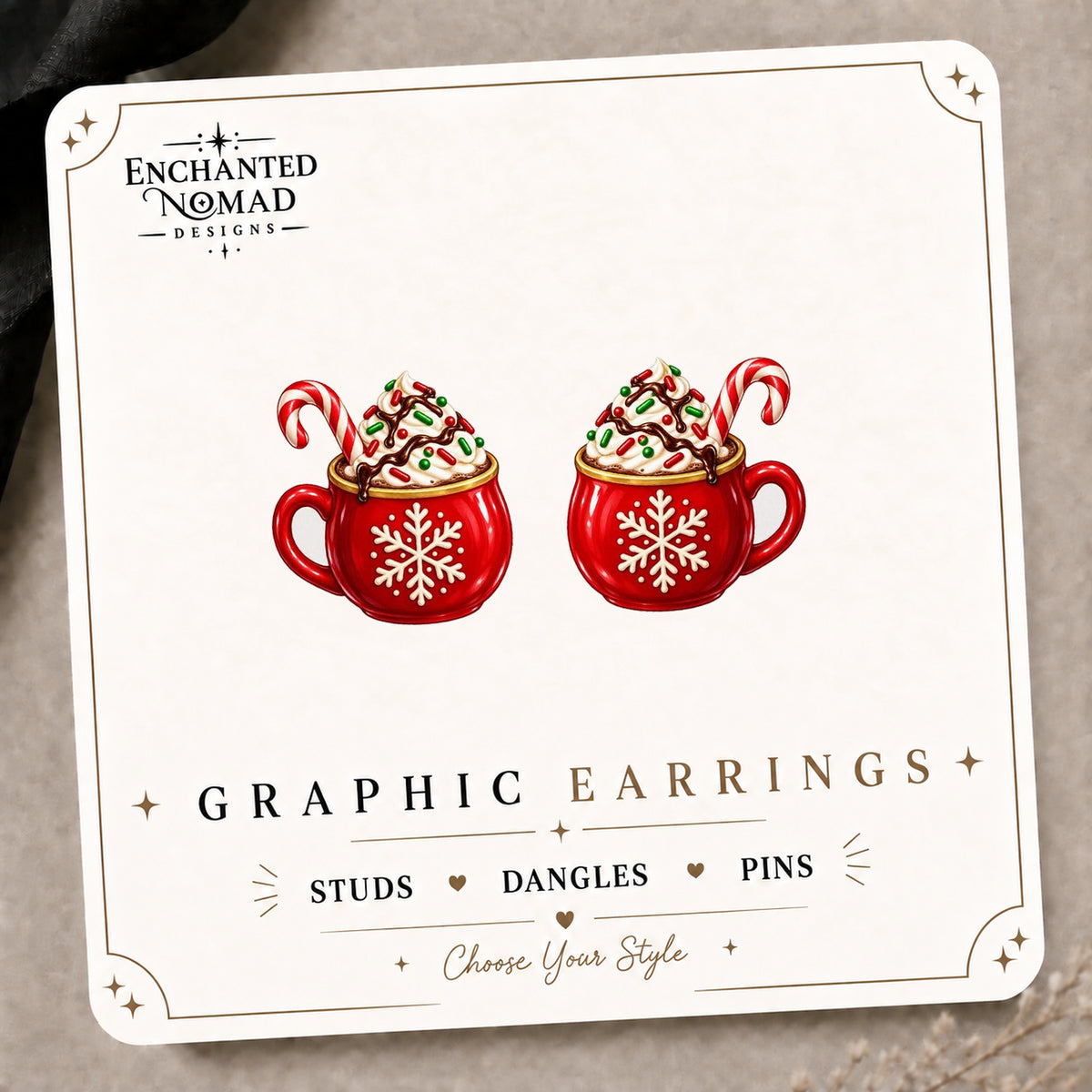 Christmas Hot Cocoa Mug Stud Earrings on the tilted Enchanted Nomad Designs card