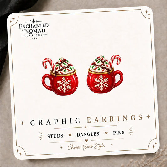 Christmas Hot Cocoa Mug Stud Earrings on the tilted Enchanted Nomad Designs card