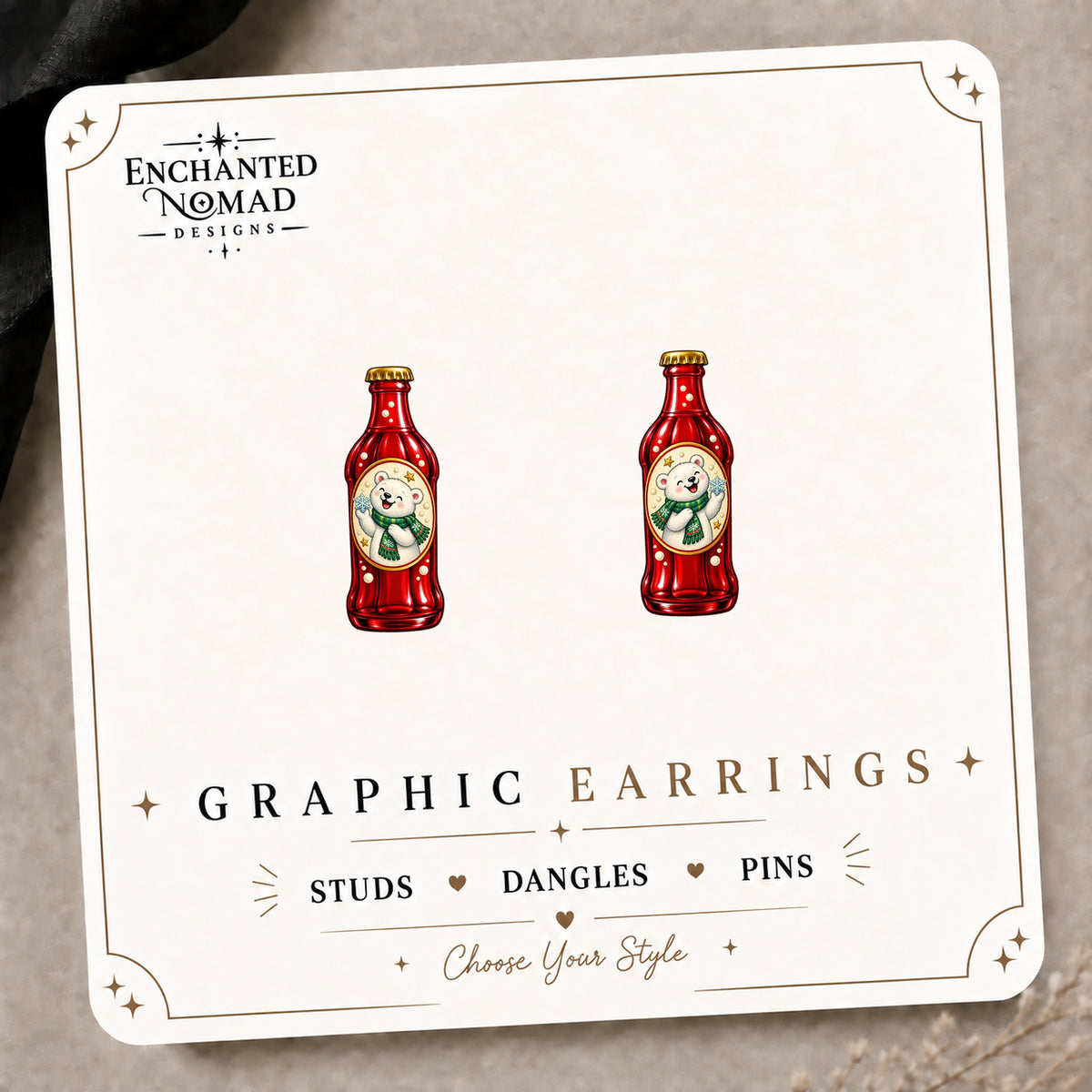 Christmas Polar Bear Bottle Stud Earrings on the tilted Enchanted Nomad Designs card
