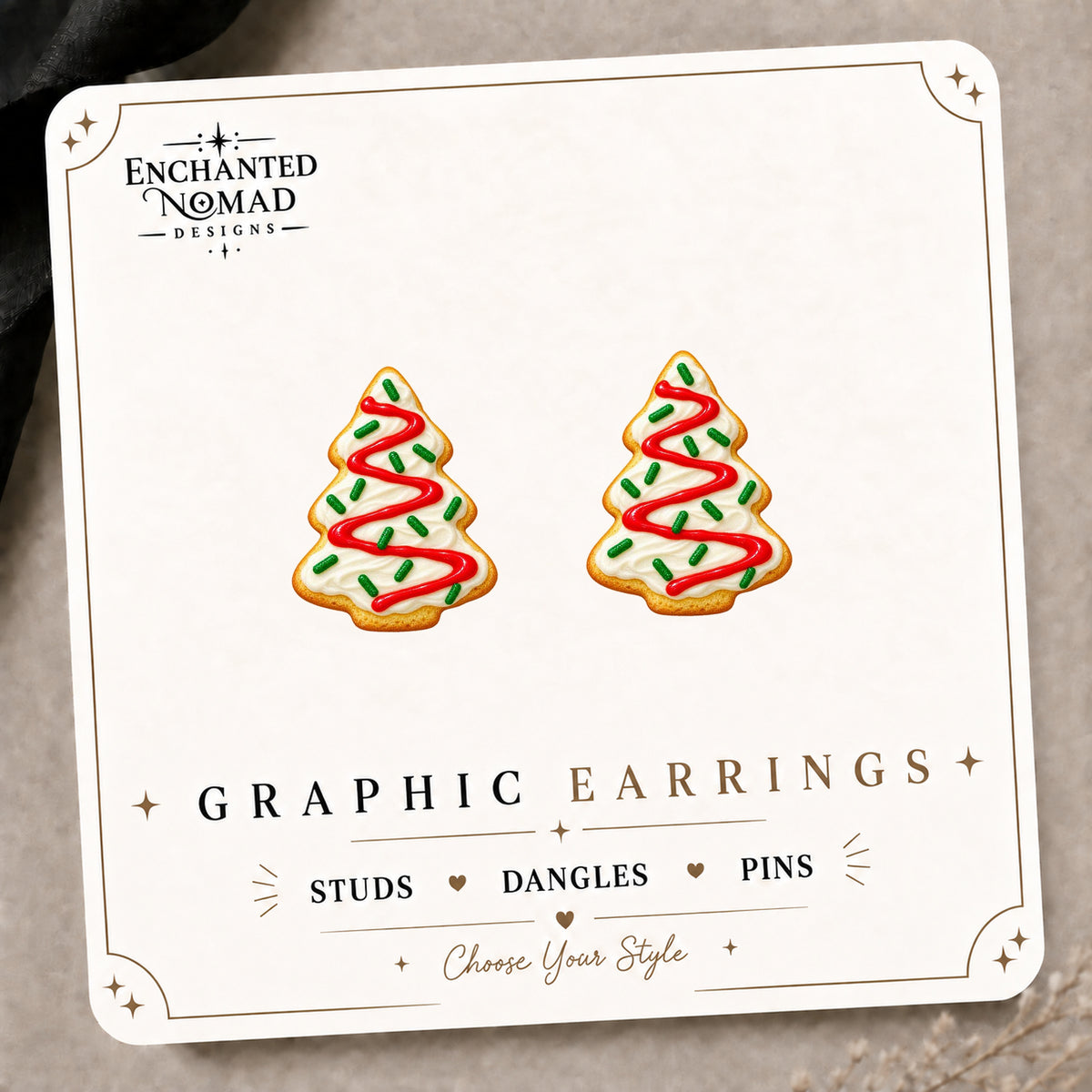 Christmas Tree Cookie Stud Earrings on the tilted Enchanted Nomad Designs card