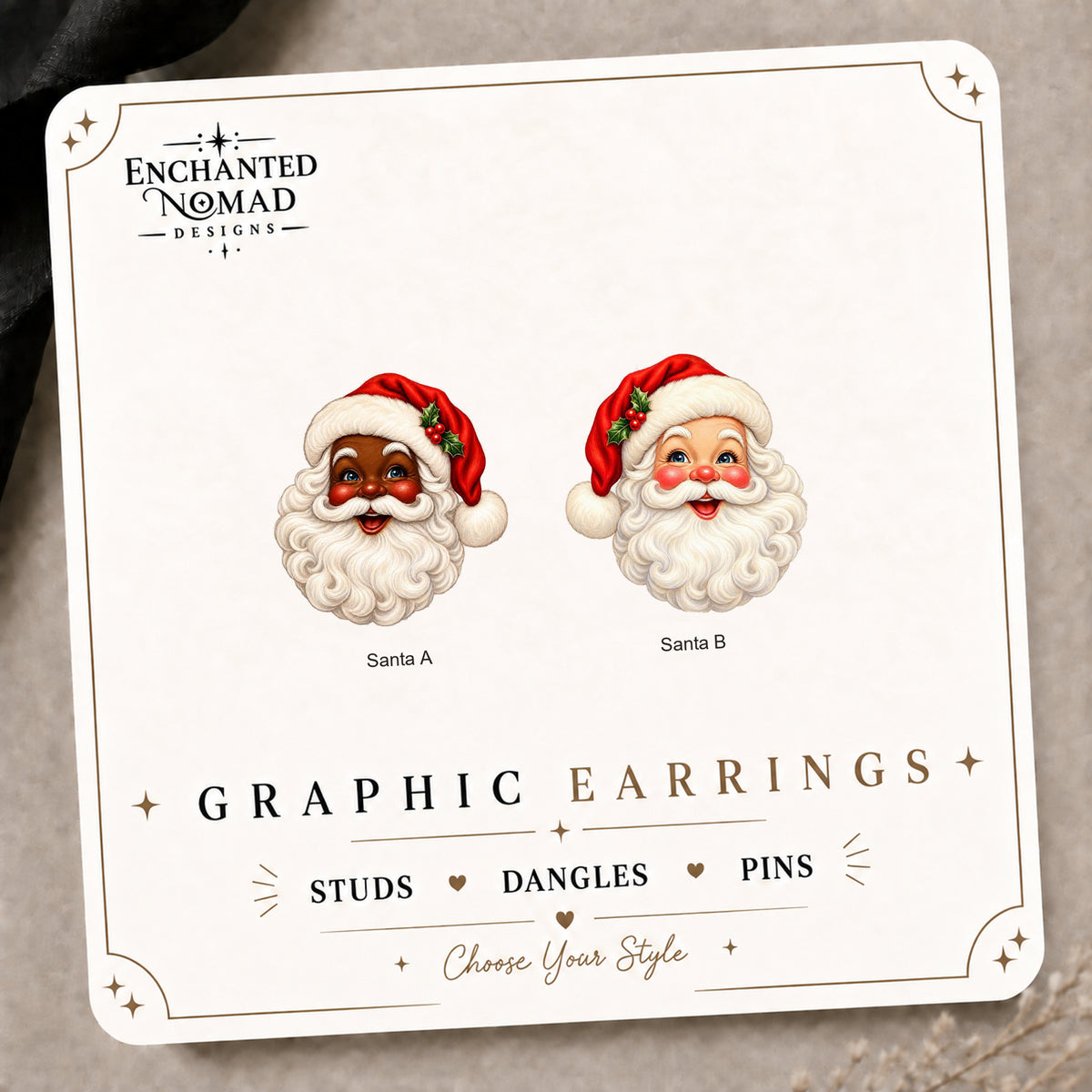 Classic Santa — Mix & Match Stud Earrings on the tilted Enchanted Nomad Designs card