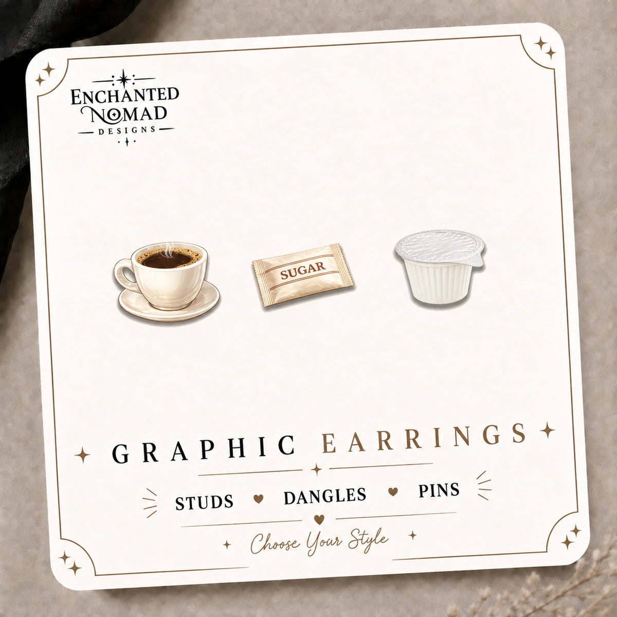 Coffee Lover Stud Earrings on the tilted Enchanted Nomad Designs card