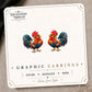 Colorful Rooster Stud Earrings on the tilted Enchanted Nomad Designs card