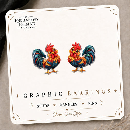 Colorful Rooster Stud Earrings on the tilted Enchanted Nomad Designs card
