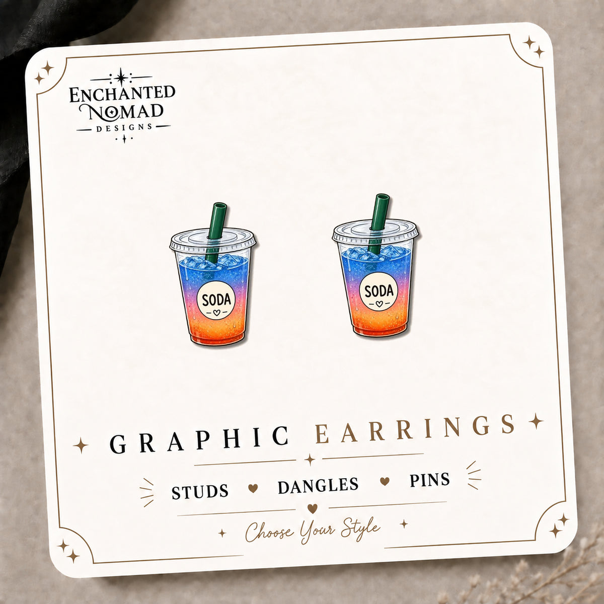 Colorful Soda Cup Earrings & Pins on the tilted Enchanted Nomad Designs card