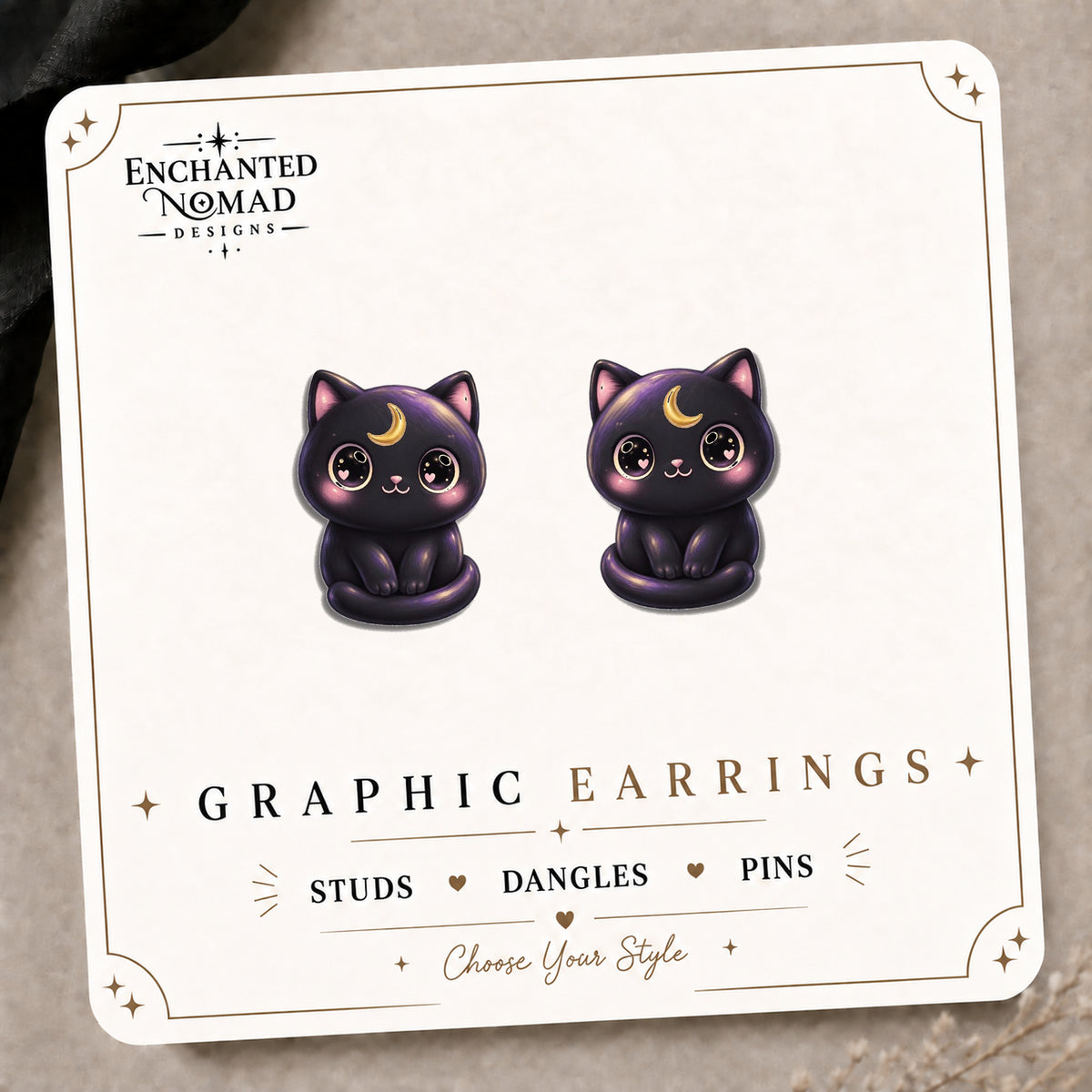 Crescent Moon Black Cat Stud Earrings on the tilted Enchanted Nomad Designs card