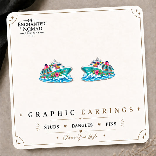 Cruise Ship Stud Earrings on the tilted Enchanted Nomad Designs card