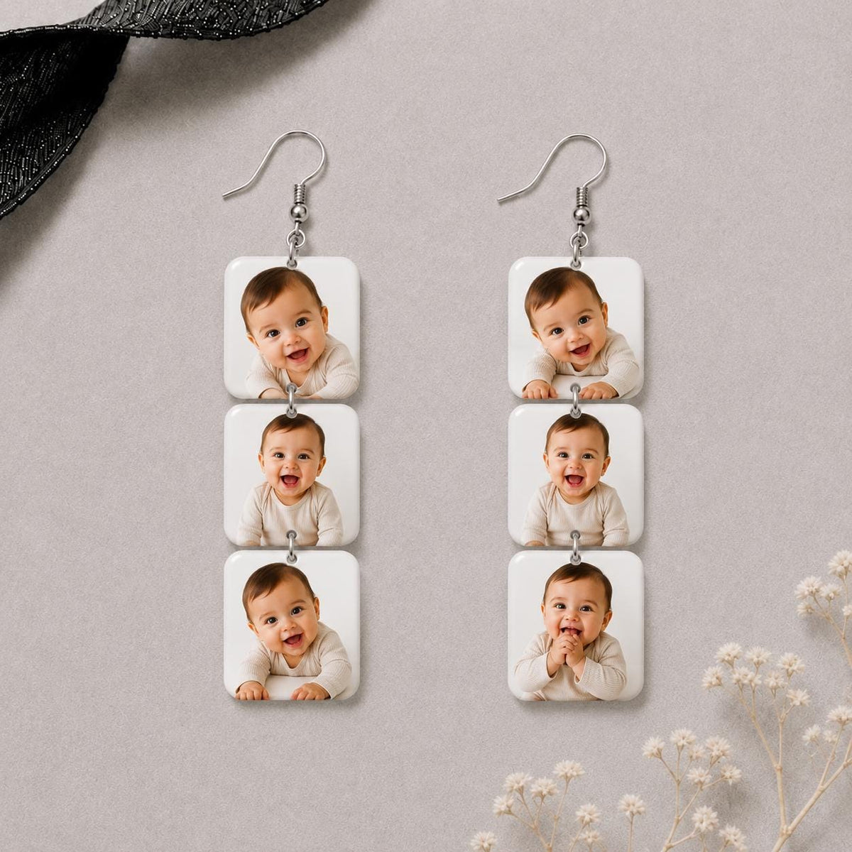 Custom Photo Triple Dangle Earrings detail